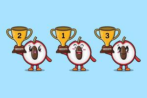 Set of cute cartoon Lychee holding trophy vector