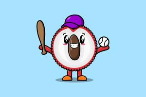 personaje de lichi de dibujos animados lindo jugando béisbol vector