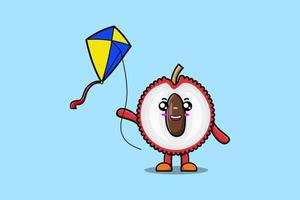 Cute cartoon Lychee character playing kite flying vector