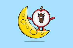 Cute cartoon Lychee standing on the crescent moon vector