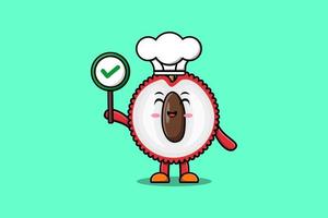 Cute cartoon Lychee chef character holding correct sign board vector