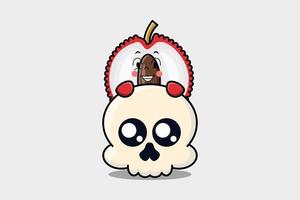 Cute Lychee cartoon character hiding in skull vector