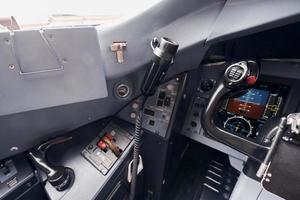 Different displays. Close up focused view of airplane cockpit photo