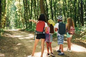 Looking for a path. Kids strolling in the forest with travel equipment photo