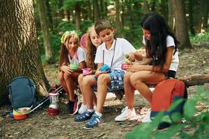 Taking a break. Kids strolling in the forest with travel equipment photo