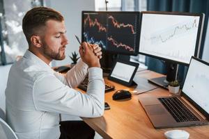 Young businessman in formal clothes is in office with multiple screens. Conception of exchange photo