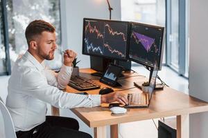 Graphs and diagrams. Young businessman in formal clothes is in office with multiple screens photo