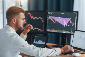 Graphs is going down. Young businessman in formal clothes is in office with multiple screens photo