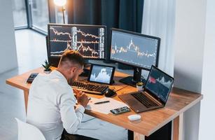 Stock market. Young businessman in formal clothes is in office with multiple screens photo