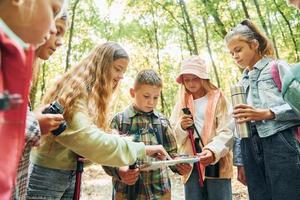 Using map. Kids in green forest at summer daytime together photo