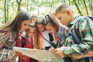 usando mapa. niños en el bosque verde durante el día de verano juntos foto