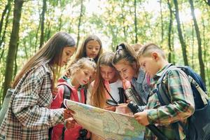 usando mapa. niños en el bosque verde durante el día de verano juntos foto