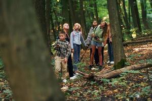 With touristic equipment. Kids in green forest at summer daytime together photo