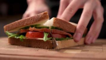 Woman cuts sandwich with a knife video