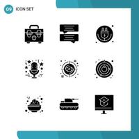Pack of 9 creative Solid Glyphs of focus music internet of things microphone star Editable Vector Design Elements