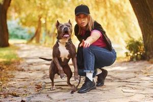 Jugando juntos. mujer con ropa informal está con pit bull al aire libre foto