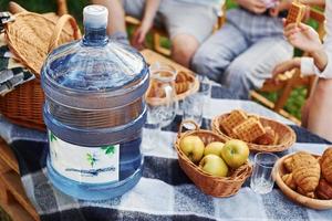 Big plastic water bottle on table. Group of young people have vacation outdoors in the forest. Conception of weekend and friendship photo