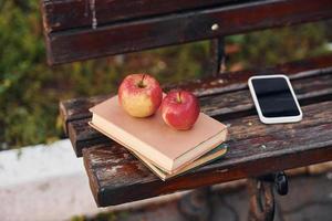 Close up view of couch, and books, apples and smartphone on it photo