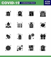 CORONAVIRUS 16 Solid Glyph Black Icon set on the theme of Corona epidemic contains icons such as medical hospital report clinic xray viral coronavirus 2019nov disease Vector Design Elements