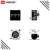 User Interface Pack of 4 Basic Solid Glyphs of layout lens aperture card camera coffee Editable Vector Design Elements