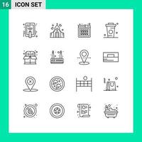 Group of 16 Outlines Signs and Symbols for food drink buy cup product Editable Vector Design Elements