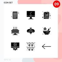 Set of 9 Modern UI Icons Symbols Signs for bee cake pc birthday graph Editable Vector Design Elements