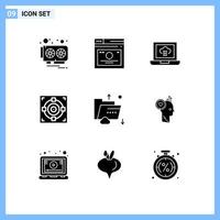 9 User Interface Solid Glyph Pack of modern Signs and Symbols of data goal web success target Editable Vector Design Elements