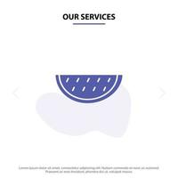 nuestros servicios frutas melón verano agua sólido glifo icono plantilla de tarjeta web vector