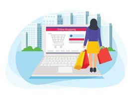 Woman online shopping on website application illustration. vector