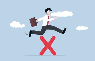 Learning from mistake for career growth or being more professional, overcoming failure to become  master, knowledge seeking behavior concept, Businessman trying to jump through red cross sign. vector