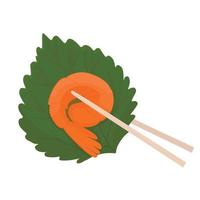 Fried shrimp with a leaf. Korean appetizer, Asian food. Vector stock illustration. Isolated on a white background.