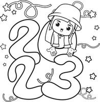 Happy new year coloring book with cute girl vector