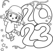 Happy new year coloring book with cute girl vector