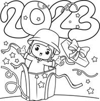 feliz año nuevo libro para colorear con linda chica vector