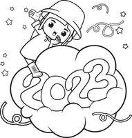 Happy new year coloring book with cute girl vector