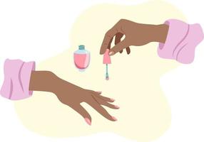 hermosas manos femeninas africanas haciendo manicura con esmalte de uñas rosa en estilo plano vector