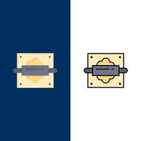 Iconos de cocina de pan de rodillo plano y conjunto de iconos llenos de línea vector fondo azul