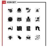 16 User Interface Solid Glyph Pack of modern Signs and Symbols of clock red flag light alert Editable Vector Design Elements