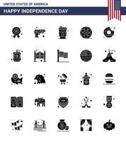 USA Independence Day Solid Glyph Set of 25 USA Pictograms of round american alcohol video movis Editable USA Day Vector Design Elements
