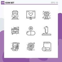 Mobile Interface Outline Set of 9 Pictograms of medical thing money portfolio winner Editable Vector Design Elements