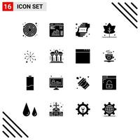 Mobile Interface Solid Glyph Set of 16 Pictograms of celebrate bang gesture giving leaf Editable Vector Design Elements