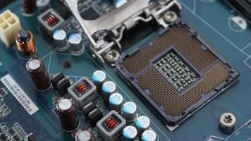 Macro close up of a modern computer gaming motherboard video