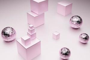 3d rose gold cubes and spheres.Abstract primitive shapes on rose gold background. 3d illustration. 3d rendering. photo