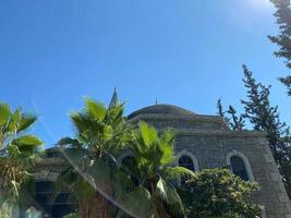 A beautiful ancient stone building with domes and columns in the Muslim religious style and palm trees with various green trees photo