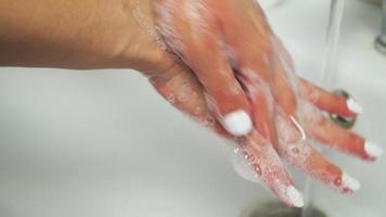 mão de mulher de beleza lave as mãos no lavatório com espuma, limpe a pele. conceitos de saúde e beleza. medidas básicas de proteção contra o novo coronavírus. video