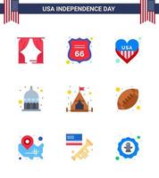 Stock Vector Icon Pack of American Day 9 Line Signs and Symbols for camping usa american statehouse indiana Editable USA Day Vector Design Elements