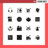 Set of 16 Vector Solid Glyphs on Grid for mobile computer house human head Editable Vector Design Elements