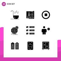 Universal Icon Symbols Group of 9 Modern Solid Glyphs of detail gear media world wide business Editable Vector Design Elements