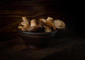 Pickled mushrooms in a clay cup . Rustic food . photo