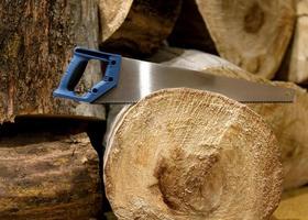 A hacksaw on wood with a blue plastic handle photo